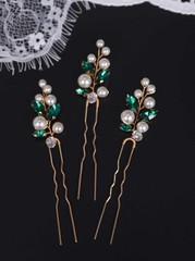 3 PCS Green Crystal Pearl Hair Pins Bridal Wedding Hair Piece Accessories