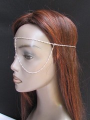 WOMEN SILVER METAL EXTRA LONG HEAD CHAIN FASHION JEWELRY FRONT GLASSES EYE COVER
