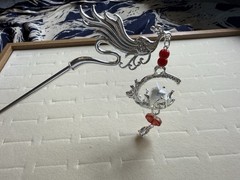 Luminous Silver Tone Metal Hair Pin Bird Shape Red Beaded Dangling Charm Women
