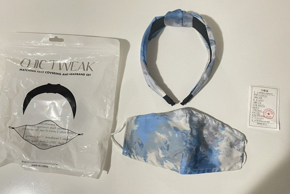 Chic Tweak Face Covering And Headband Set Blue !00% Cotton New