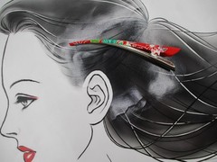 Kawaii Red Girls Kimono Hair Clip 130mm Long Metal Upcycled Silk Hair Stick