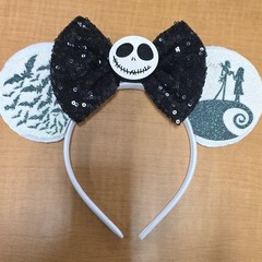 Halloween White Minnie Ear Headband Jack Skellington Face Black Sequin Bow