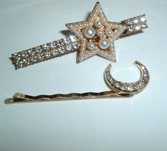 MOON AND STARS WHITE PEARL WHITE RHINESTONE BOBBY PIN AND HAIR CLIP NWT