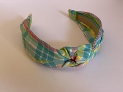 Pastel Rainbow Plaid checekered print top knot headband rockabilly retro vintage