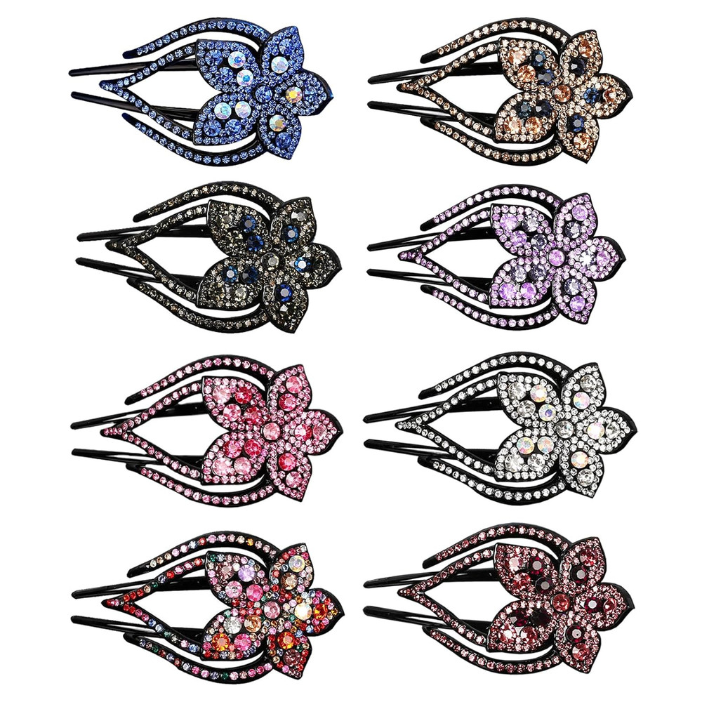 Sparkling Rhinestone Duckbill Ponytail Hair Clips: 8 Double Flower Crystal B