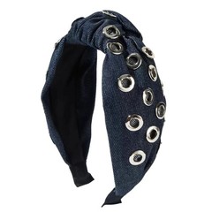 Punk Metal Eyelet Stud Wide Knotted Headband – Denim Top Knot Hairband for Women
