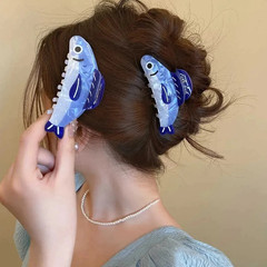 1pc Blue Sardine Hair Clip Shark Ponytail Holder 8.5cm Claw – Hair Ornament Clip