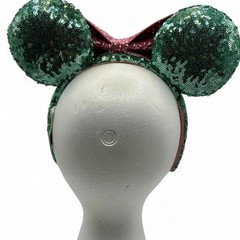 Disney Parks Holiday Minnie Mouse Ears Green Sequin Pink Bow NWOT Authentic