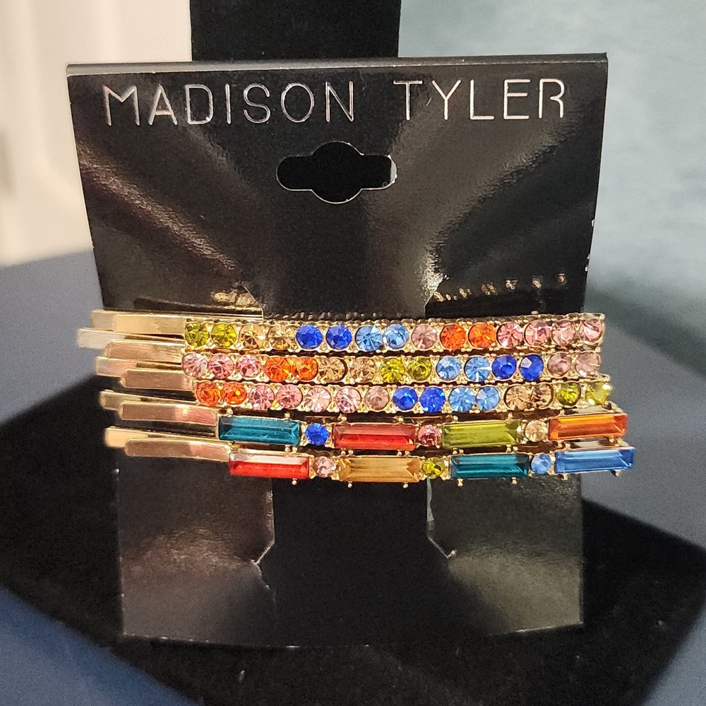 New! Madison Tyler Colorful Rhinestone Hair Pins Set Of 5 Gold Tone Bobby Pins