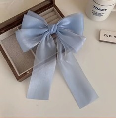 Light Blue Organza Stylish Bow with Big Ribbon Hair Clip All Hair Types Non Slip