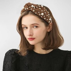 Atoden Pearl Headband Knotted Rhinestone Headbands Wide Top Knot Brown