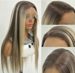 Long Straight T Part Lace Front Wigs Mix Brown Blonde Highlight Synthetic Wig