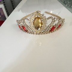 Gold Tone Rhinestone Crown Tiara Headband Red & Clear Stones Princess Formal