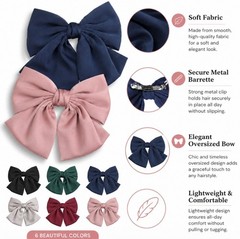 6 Pack Large Bow Hair Clips Ribbon Bowknot Barrettes Set for Women Girls St – V2