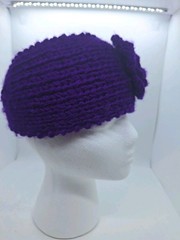 Purple Knit Crochet Headband Ear Warmer Stretch Flower Button Accents Solid Boho