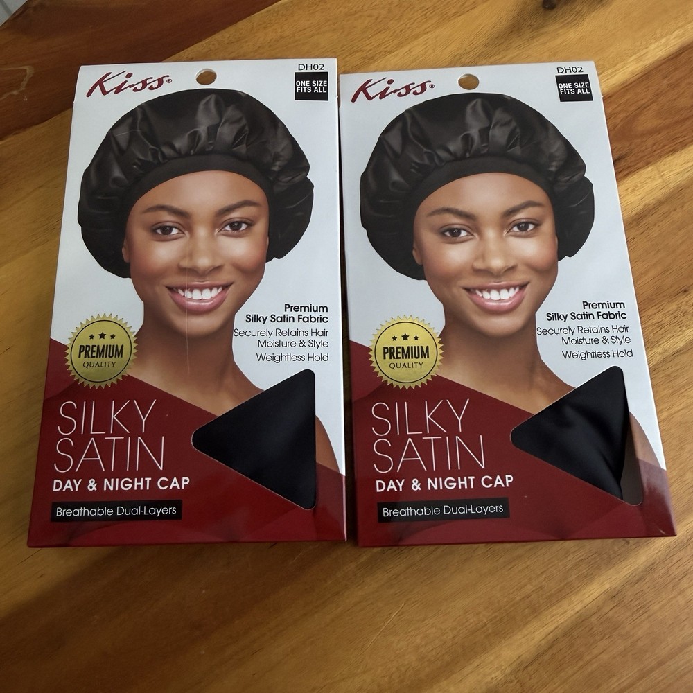 Kiss Black Silky Satin Day & Night Cap One Size Lot Of 2 Multipurpose Travel