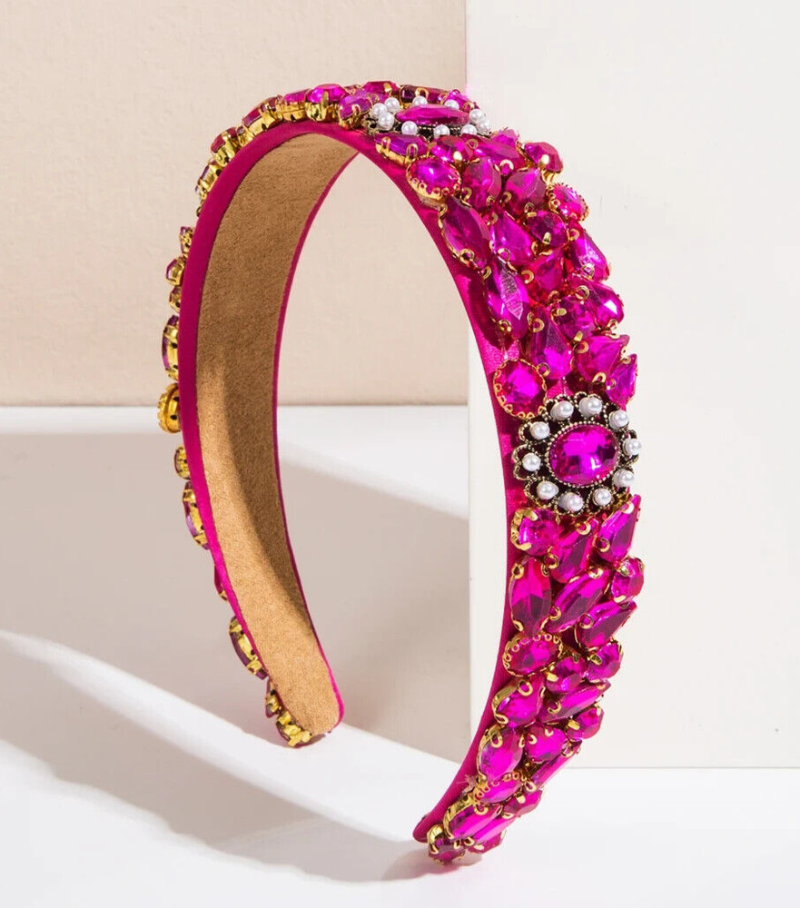 BRAND NEW WIDE LUXURY HANDMADE HOT PINK RHINESTONE HEADBAND HAIR ACCESSORY