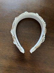 White Fabric Padded Headband Faux Pearl Beads Gold Tone Chain Accent Classic