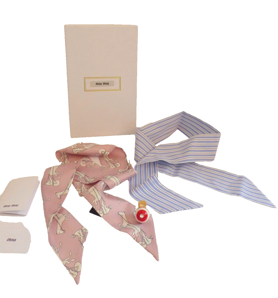 Miu Miu Skinny Scarf Necklace Set and Charm Pink and Blue Prints NWT