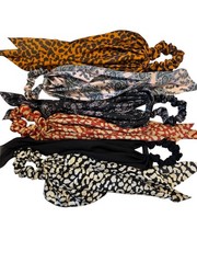 Set of 6 Scrunchies Scarf Tail Hair Ties Assorted Solid, Paisley Patterns