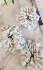 Large White and Multicoloured Spring Floral Cotton Scrunchie- Handmade