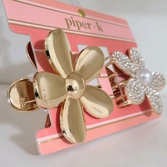 Piper K Metal Gold Color Rhinestones Faux Pearl Flower Hair Claw Clips Set