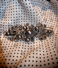Two (2) Vintage Hair Barrettes with Gray Faux Pearls and Rhinestones
