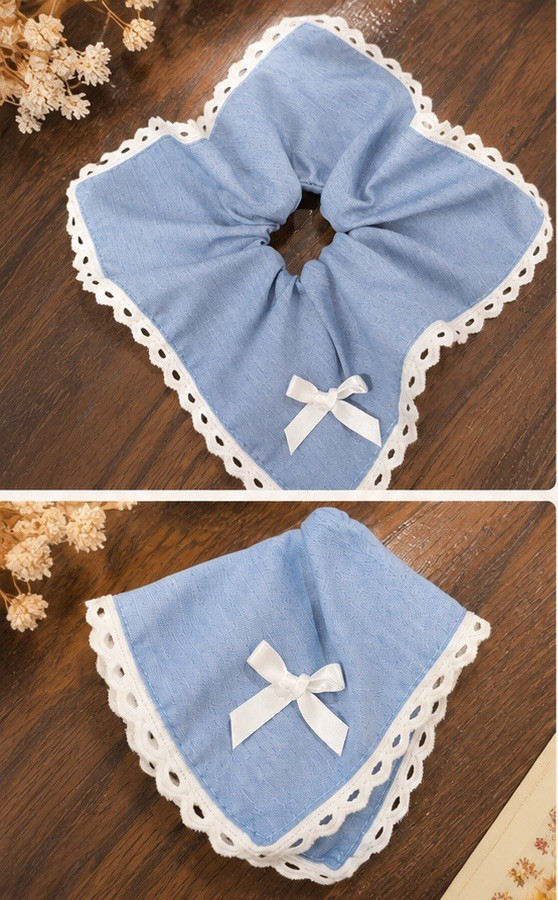 Blue & White Square Scarf Scrunchie with Lace Trim Bow, Solid Fabric