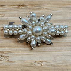 Pearl Flower Hair Barrette Clip White Faux Pearl Silver Tone Bridal Floral
