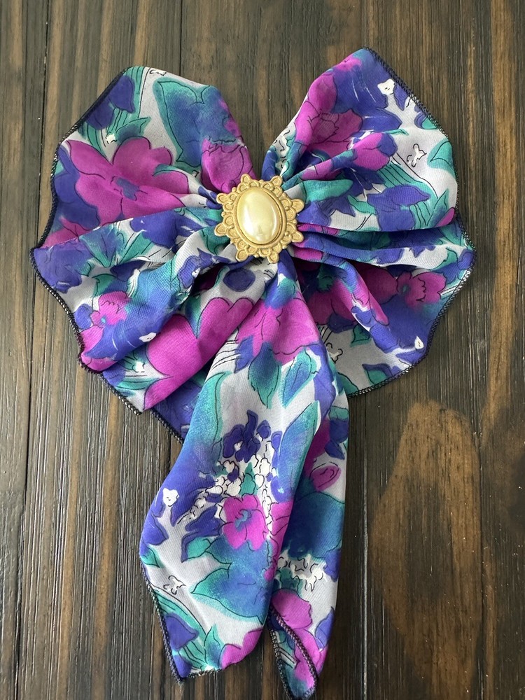 Vintage Floral Fabric Bow Hair Clip Purple Blue Pink Scarf Style Barrette 80’s