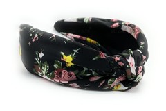 Summer Satin Black Rose Floral Pattern Knotted Headband for Women Silk Feel