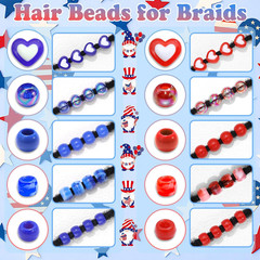 NAISKA 132PCS 4Th of July Hair Beads Royal Blue Red Beads for Hair Patriotic Bea