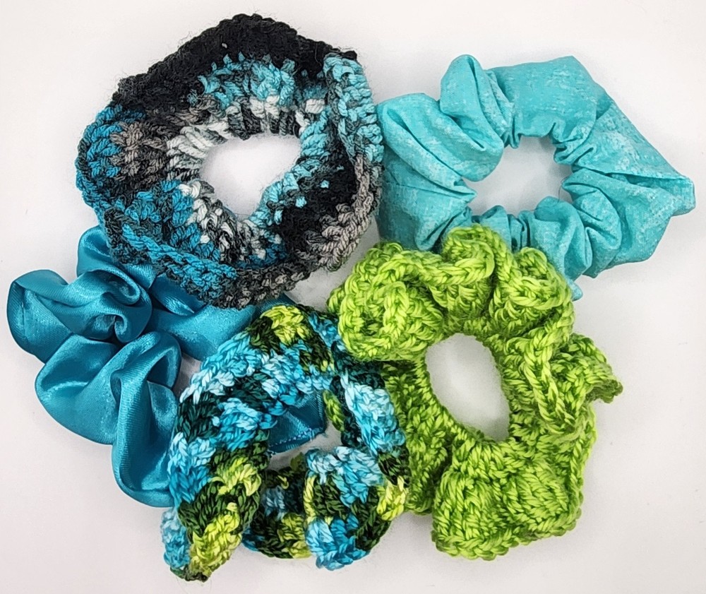 Handmade Scrunchie Set Lot of 5 Crochet Fabric Hair Ties Green Turquoise Black