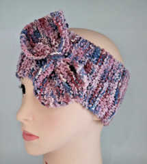 BIG BOW HAND MADE KNITTED HEADBAND EAR WAMER FITS 17″-21″ PINK & PURPLE