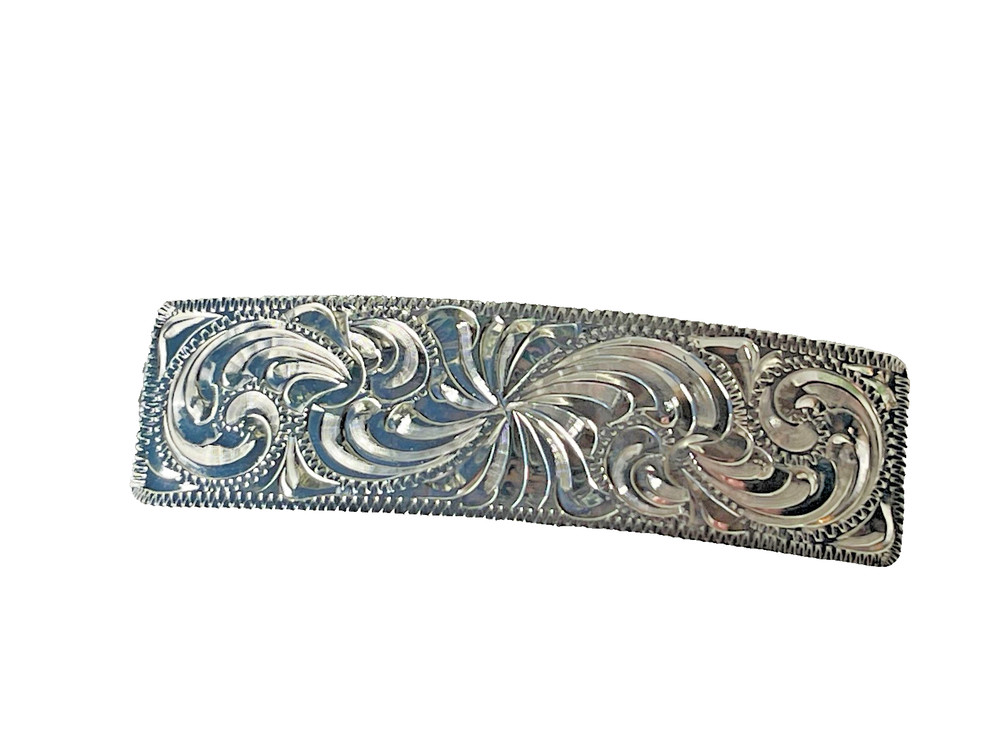 Western Womens Barrette 3.75 x 1 in Silver Hand Engraved Cowgirl Rodeo Horse