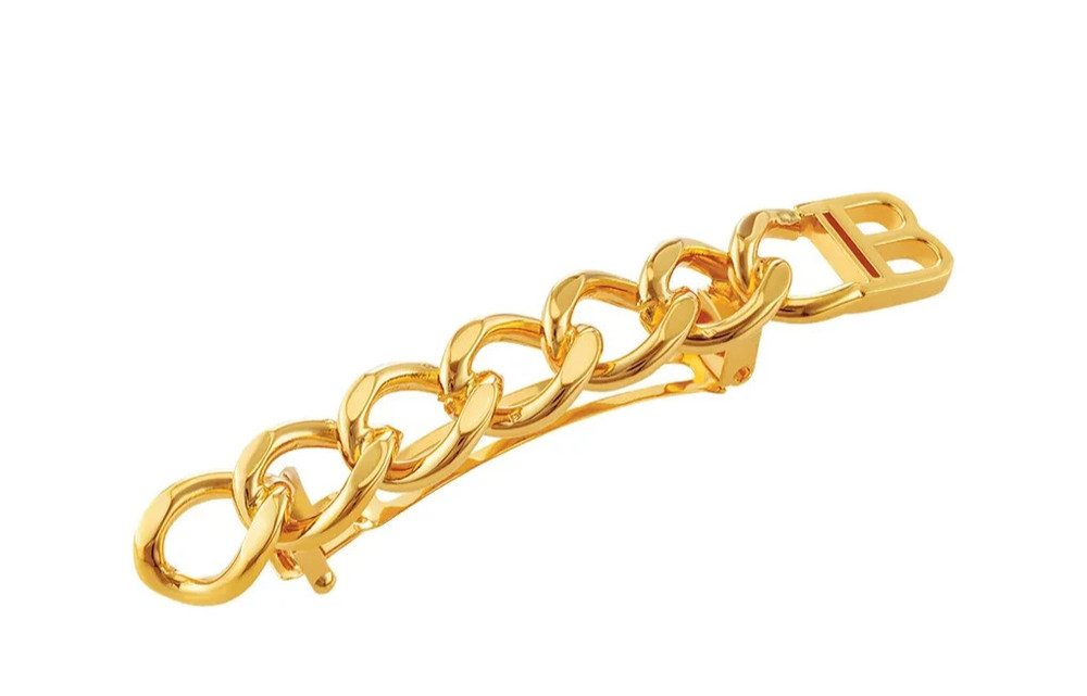 New Balmain Gold Plated Barrette Medium Chain Hair Clip