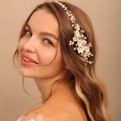 Bridal White Flowers Crystal Pearl Hair Comb Silver Accessories Wedding Women