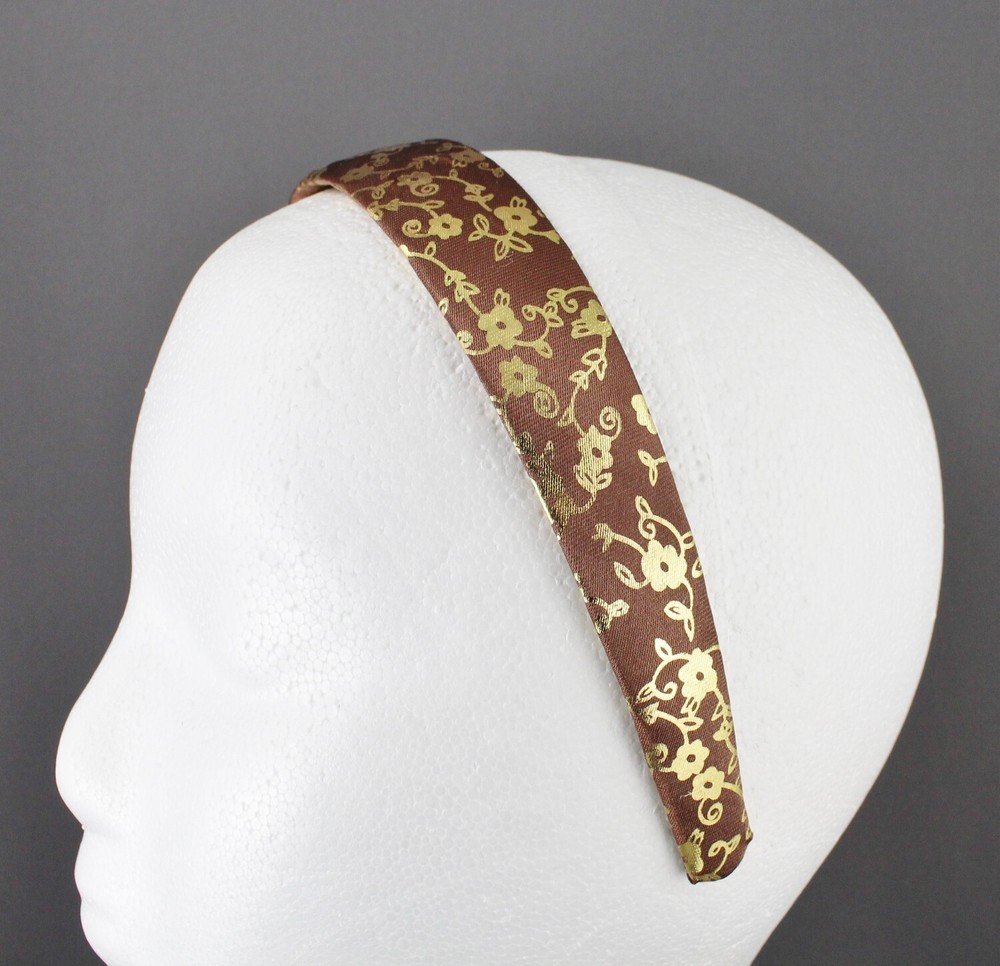 Brown Gold floral headband 1 1/8″ wide brocade flower fabric covered hair band