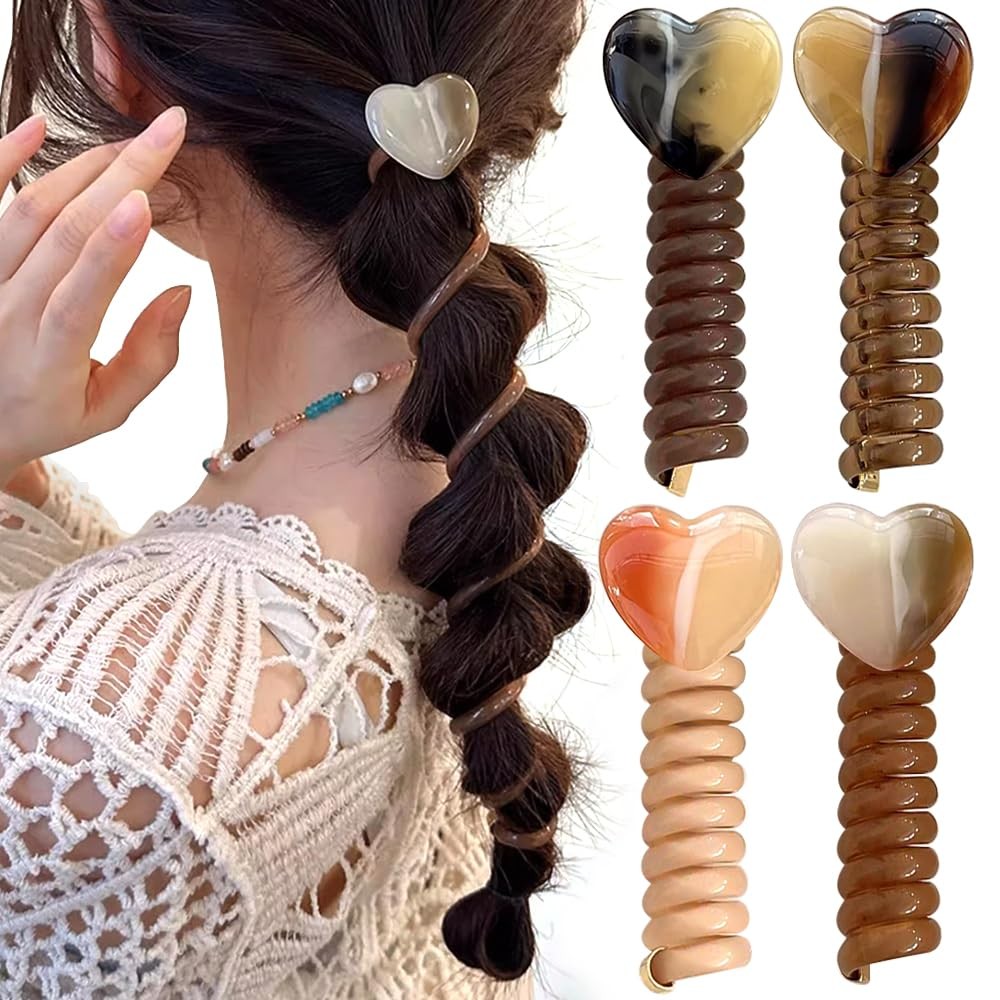 4Pcs Telephone Wire Hair Bands Spiral Hair Ties,Heart Decor Straight Phone Co…