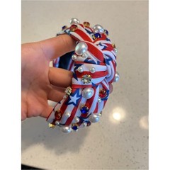 Patriotic Red White Blue Knotted Headband with Pearls & Gems