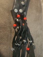 Original Hair Glove Black Leather Ponytail Holder Wrap Red Beads Silver Roses