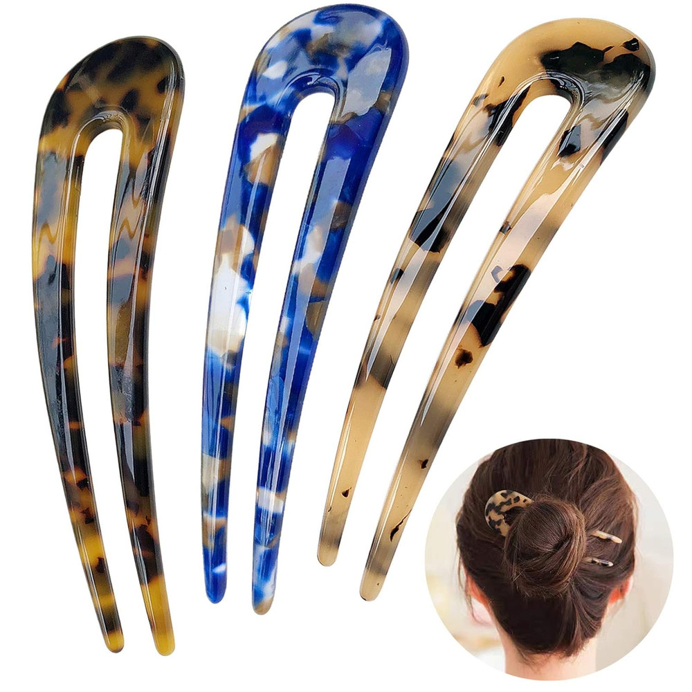 French Hair Forks Tortoise Shell U Shape Updo Hair Pins Clips for Thin Thick Hai