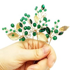 Crystal Wedding Hair Pins Emerald Green Rhinestone Gold Leaf Vine Bridal Hair