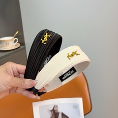 Saint Laurent YSL White Pleated Gold Logo Headband New with Box