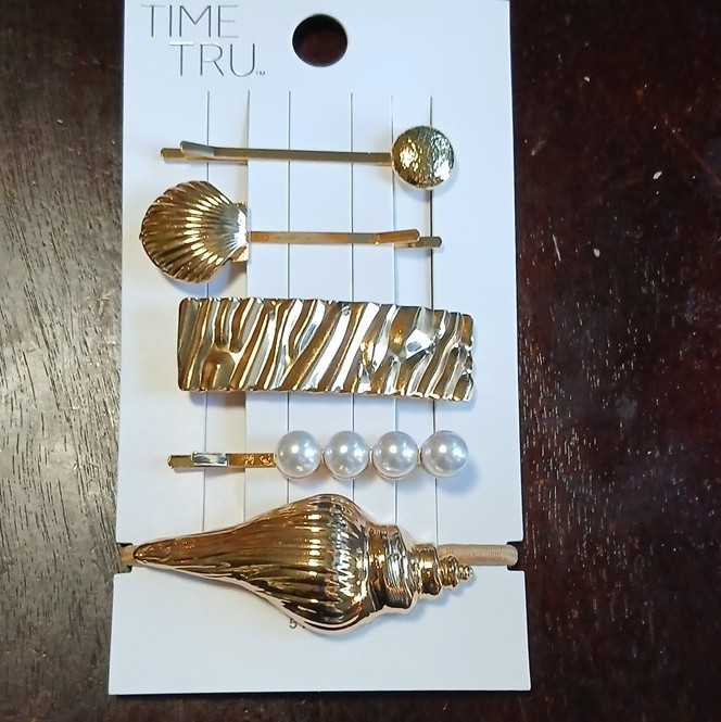 Time and Tru Gold Metal Seashell Hair Clip Multipack Set with Pearl Accents