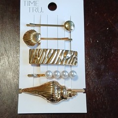 Time and Tru Gold Metal Seashell Hair Clip Multipack Set with Pearl Accents