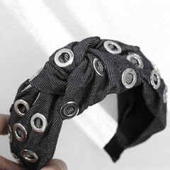 Black Denim Headband Knot Silver Grommets Wide Punk Y2K Hair Band Retro Grunge