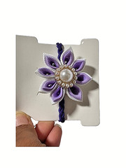 🌸 Handmade Kanzashi Flower Hair Tie – Lavender & White with Pearl Center