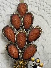Vintage Style Peacock Bird Barrette Clip Rhinestone Gold-toned Reddish Orange
