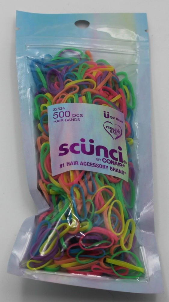 Scunci Hair Bands 500 pcs Neon Colorful Elastic Bands Reusable Bag by Conair NEW